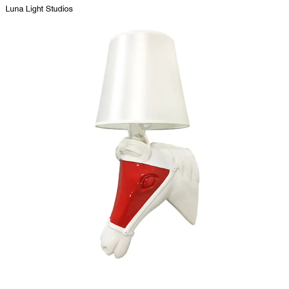 White/Red Tapered Sconce 1-Bulb Fabric Wall Mount For Bedroom Lighting