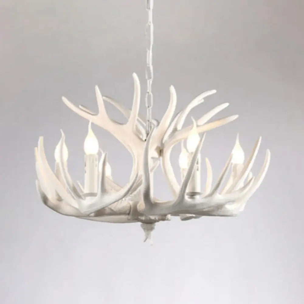 White Resin Antler Chandelier - Rustic Country Style Pendant Light For Living Room / 6+3