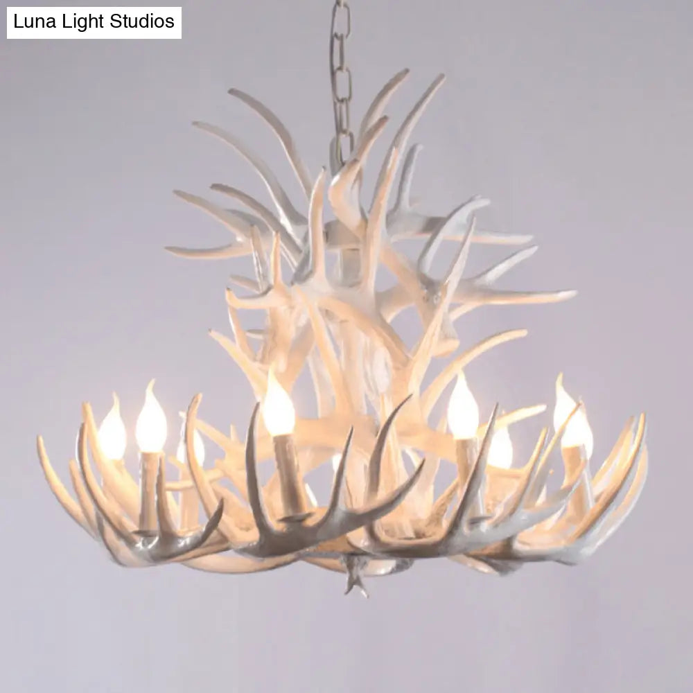 White Resin Antler Chandelier - Rustic Country Style Pendant Light For Living Room