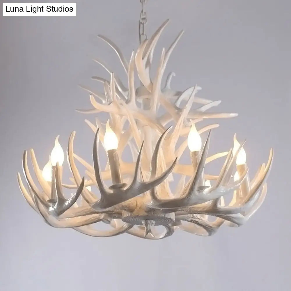 White Resin Antler Chandelier - Rustic Country Style Pendant Light For Living Room