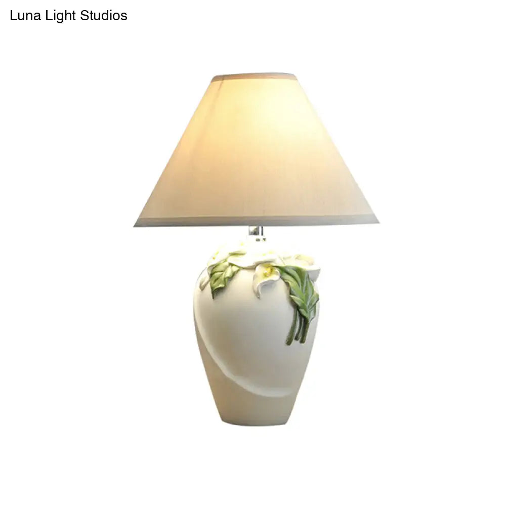 White Resin Calla Lily Table Light - Country Style Bedside Lamp With Cone Fabric Shade