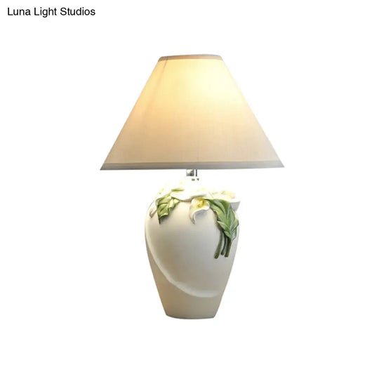 White Resin Calla Lily Table Light - Country Style Bedside Lamp With Cone Fabric Shade