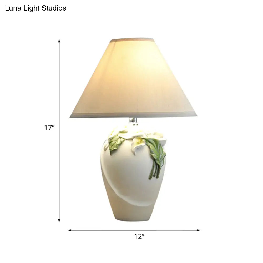 White Resin Calla Lily Table Light - Country Style Bedside Lamp With Cone Fabric Shade