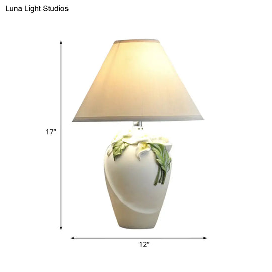 White Resin Calla Lily Table Light - Country Style Bedside Lamp With Cone Fabric Shade