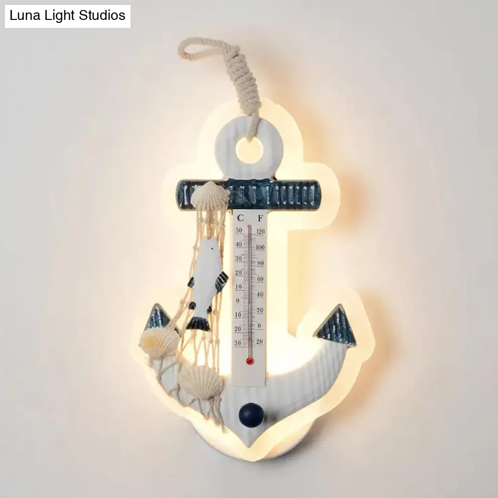 White Resin Led Anchor Wall Sconce For Kids With Fishing Net Deco