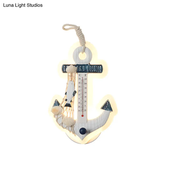 White Resin Led Anchor Wall Sconce For Kids With Fishing Net Deco