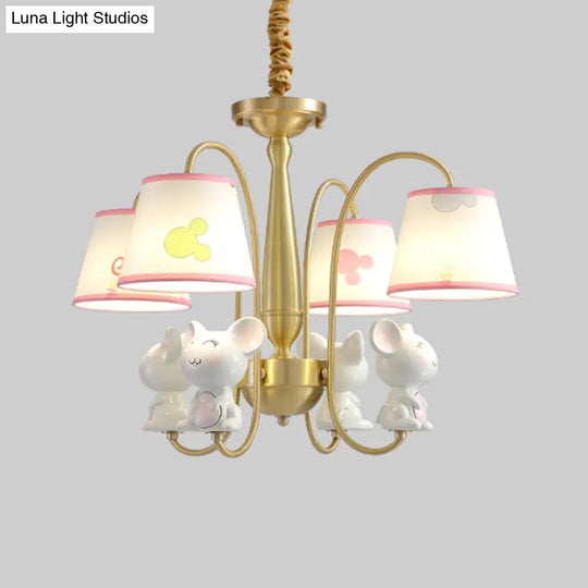 White Resin Nursery Chandelier With Animal Suspension Light & Empire Shade For Kids