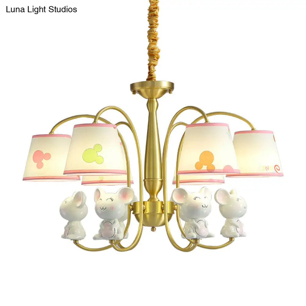 White Resin Nursery Chandelier With Animal Suspension Light & Empire Shade For Kids