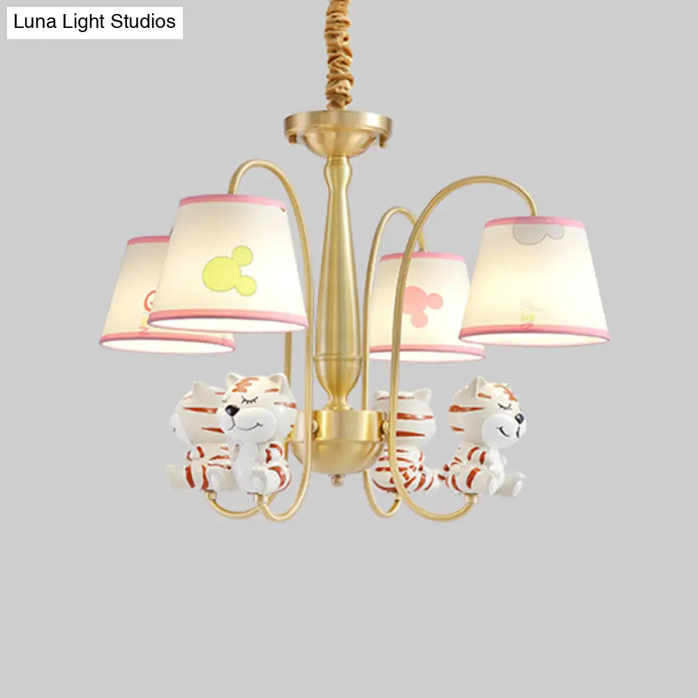 White Resin Nursery Chandelier With Animal Suspension Light & Empire Shade For Kids