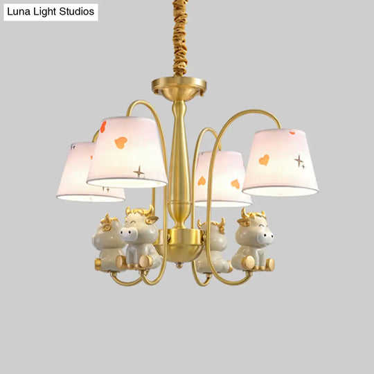 White Resin Nursery Chandelier With Animal Suspension Light & Empire Shade For Kids