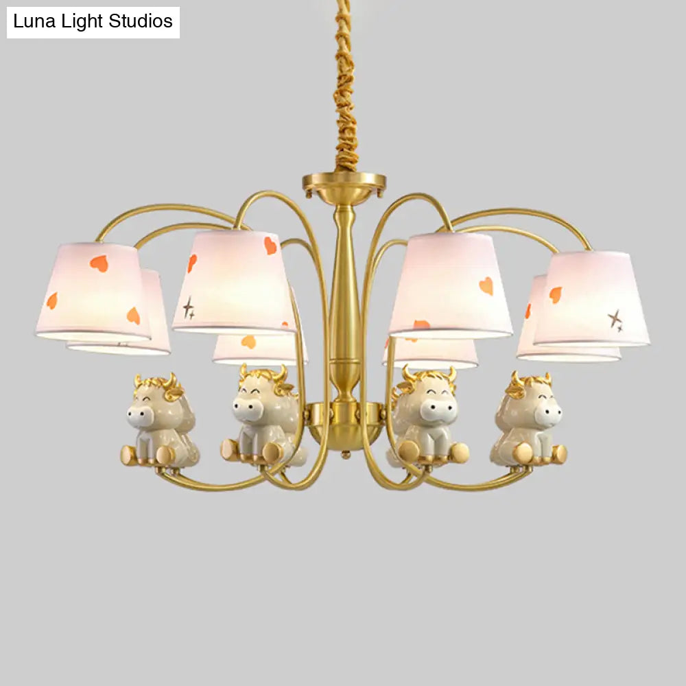 White Resin Nursery Chandelier With Animal Suspension Light & Empire Shade For Kids