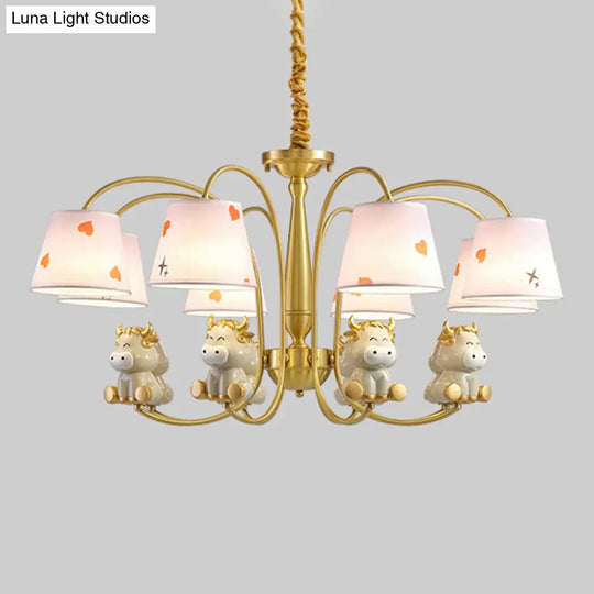 White Resin Nursery Chandelier With Animal Suspension Light & Empire Shade For Kids