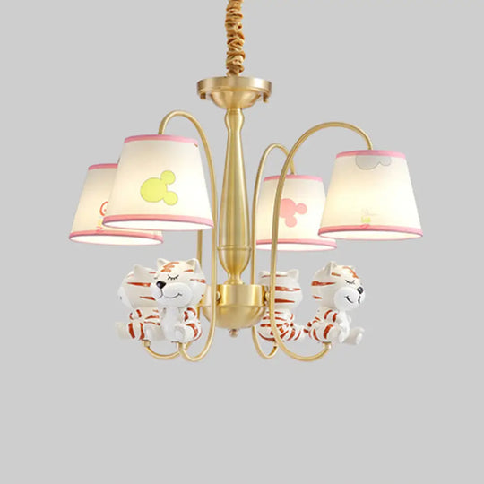 White Resin Nursery Chandelier With Animal Suspension Light & Empire Shade For Kids 4 / Tiger