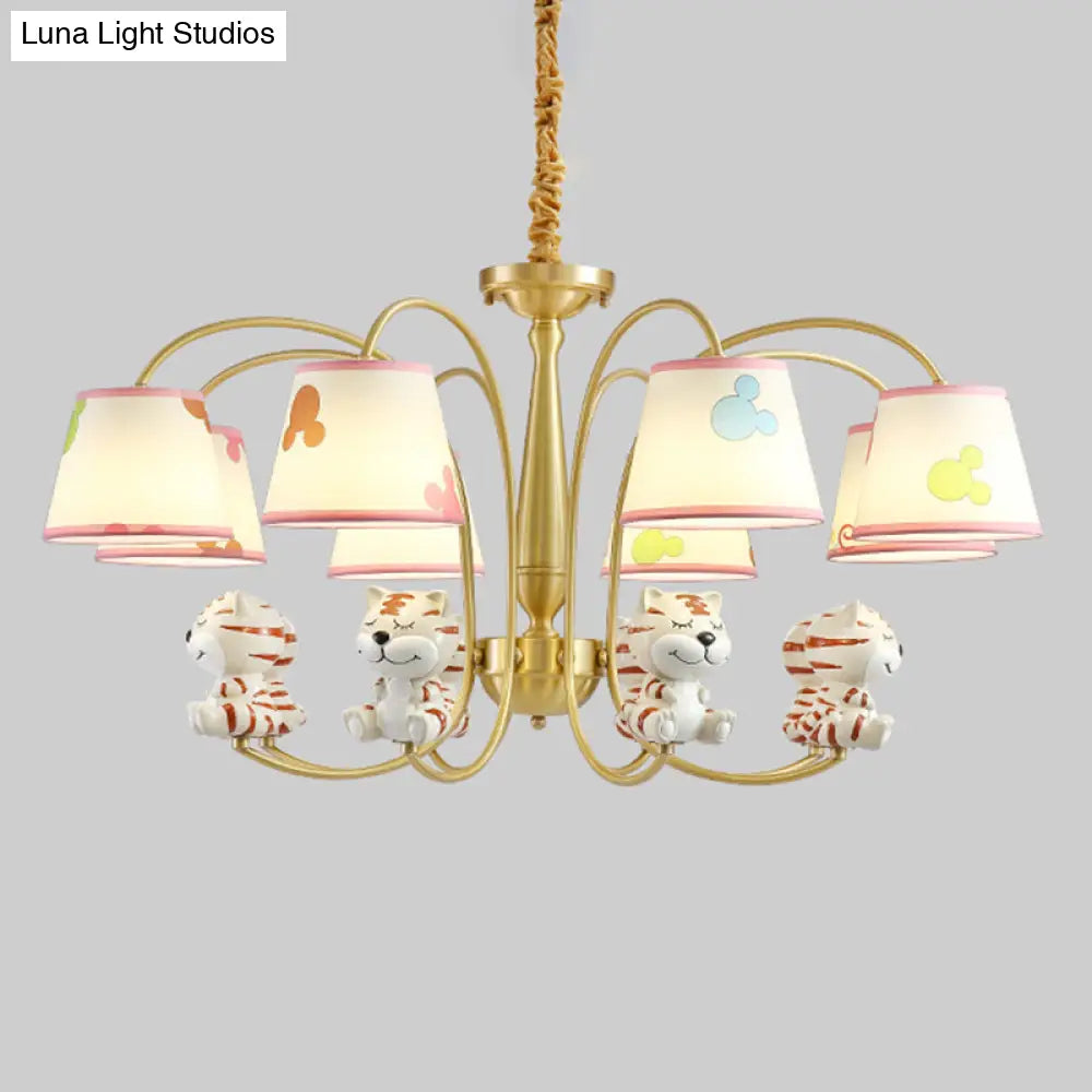 White Resin Nursery Chandelier With Animal Suspension Light & Empire Shade For Kids