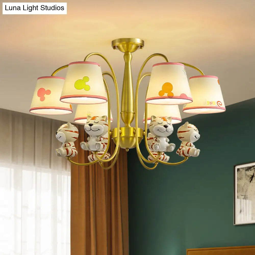 White Resin Nursery Chandelier With Animal Suspension Light & Empire Shade For Kids