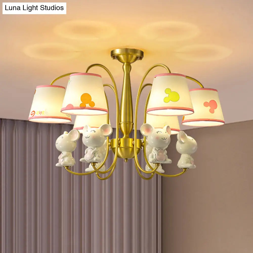 White Resin Nursery Chandelier With Animal Suspension Light & Empire Shade For Kids