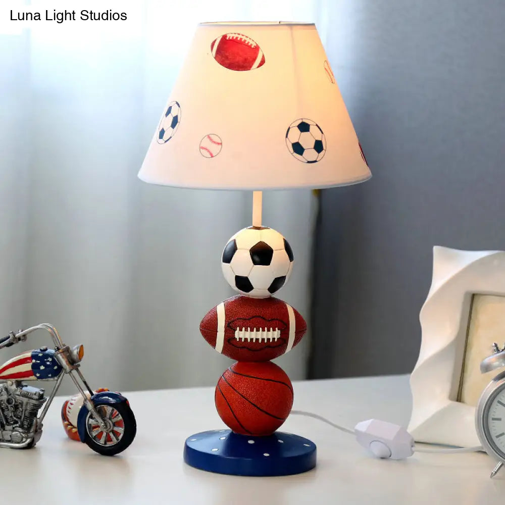 White Resin Sport Balls Nightstand Lamp - Single-Bulb Kids Table Light With Empire Shade