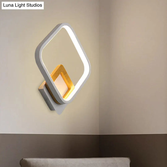 White Rhombus Wall Sconce Modern Led Acrylic Light With Wood Detail In White/Warm