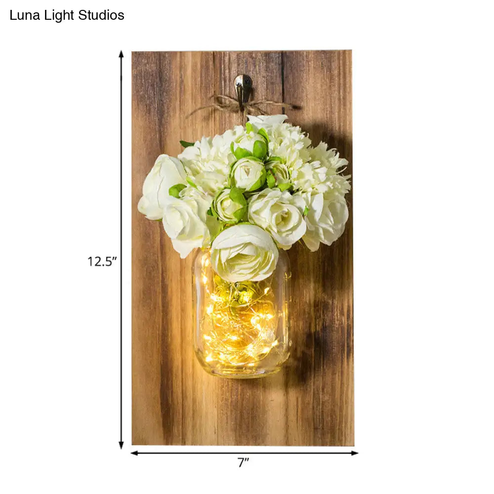 White Rose String Light Glass Jar Wall Lamp With Wood Backplate - Contemporary Design