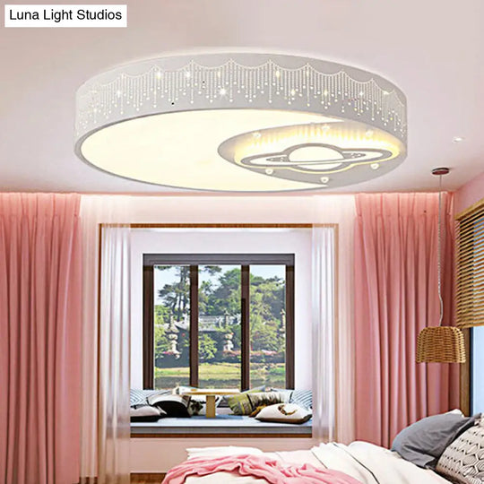 White Round Child Bedroom Ceiling Light With Moon And Planet Metal Flush Mount