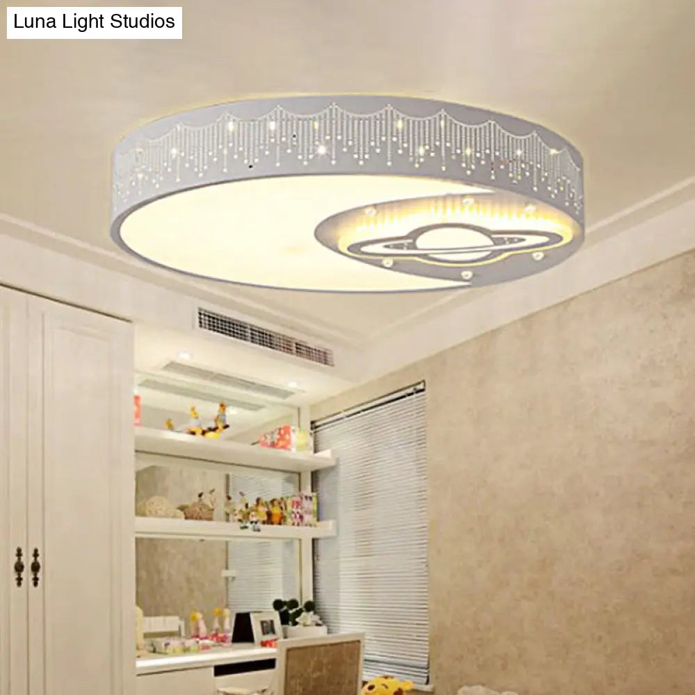 White Round Child Bedroom Ceiling Light With Moon And Planet Metal Flush Mount /