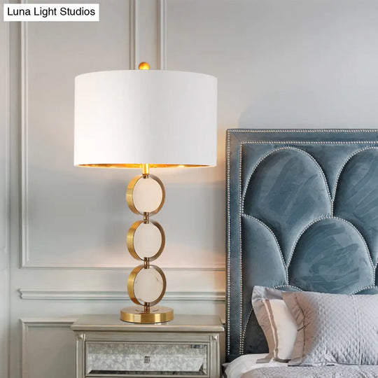 White Round Fabric Nightstand Lamp: Luxurious Metal Table Light For Living Room