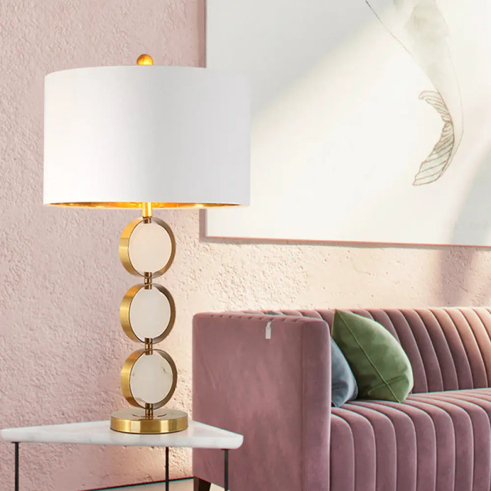 White Round Fabric Nightstand Lamp: Luxurious Metal Table Light For Living Room