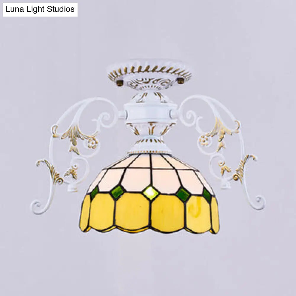 White Semi Flush Tiffany Style Ceiling Light With Stained Glass Dome Shade- 1