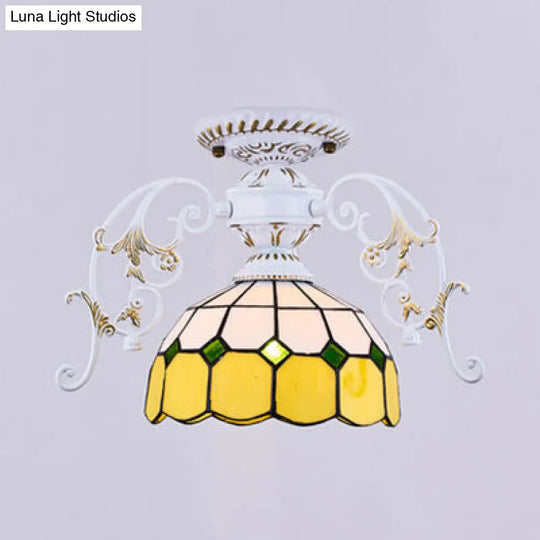 White Semi Flush Tiffany Style Ceiling Light With Stained Glass Dome Shade- 1