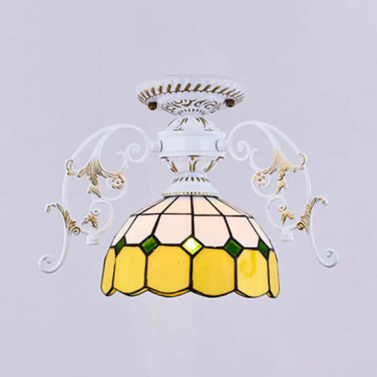 White Semi Flush Tiffany Style Ceiling Light With Stained Glass Dome Shade- 1