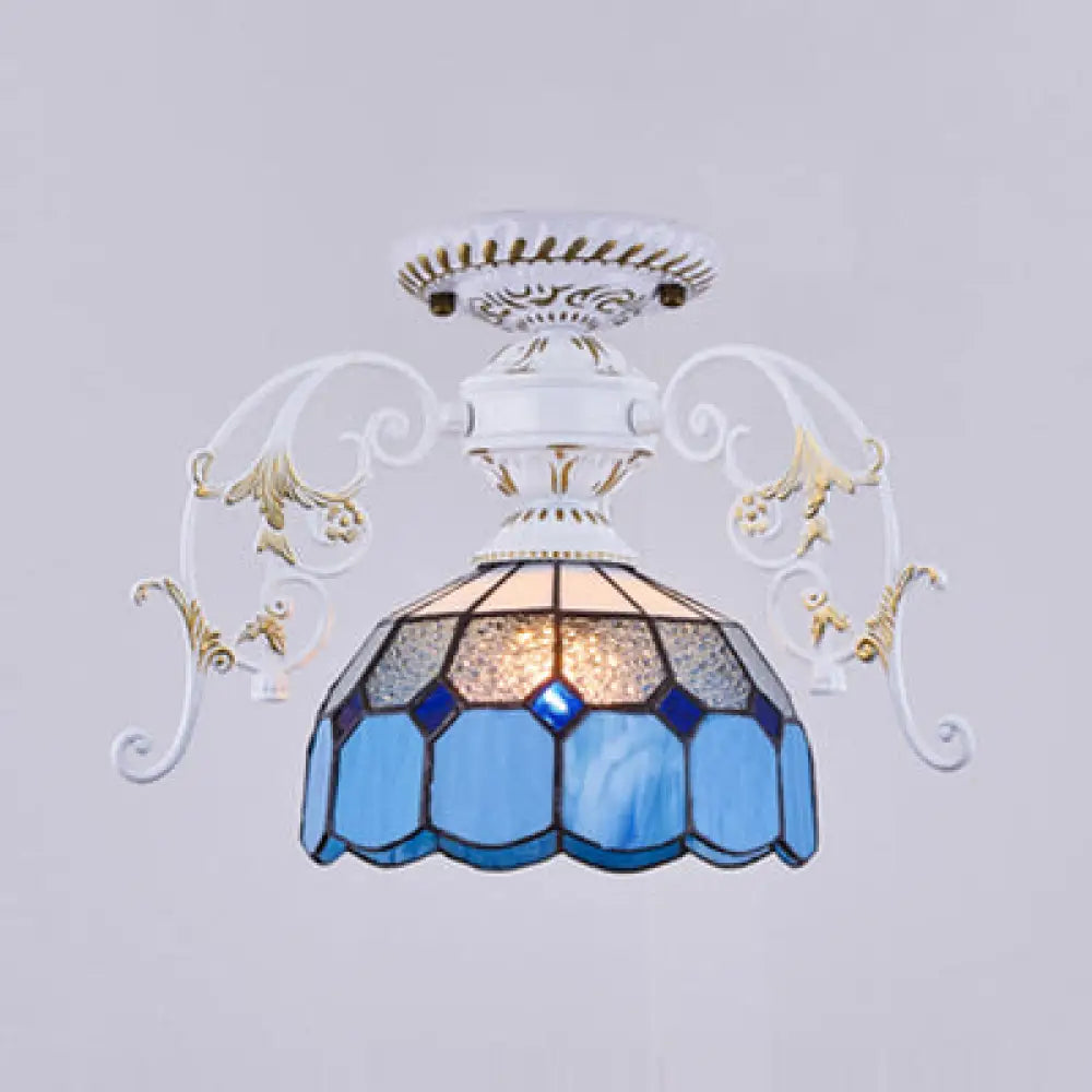 White Semi Flush Tiffany Style Ceiling Light With Stained Glass Dome Shade- 1