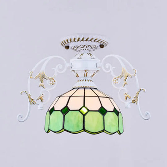 White Semi Flush Tiffany Style Ceiling Light With Stained Glass Dome Shade- 1