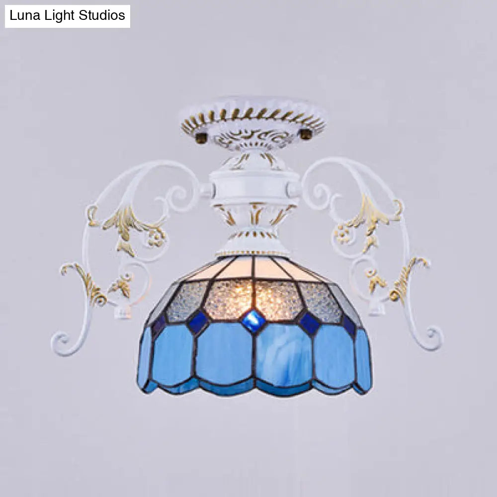 White Semi Flush Tiffany Style Ceiling Light With Stained Glass Dome Shade- 1