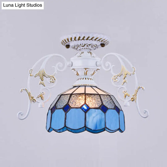 White Semi Flush Tiffany Style Ceiling Light With Stained Glass Dome Shade- 1