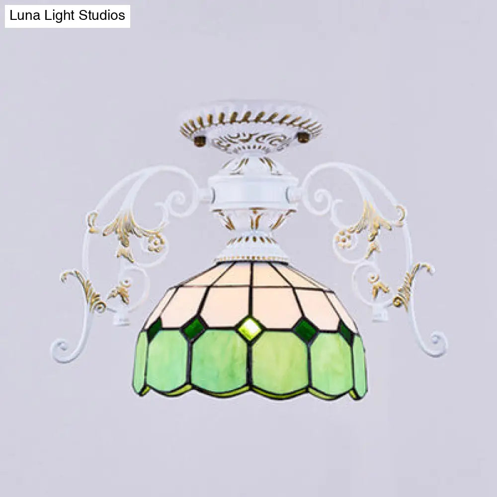 White Semi Flush Tiffany Style Ceiling Light With Stained Glass Dome Shade- 1