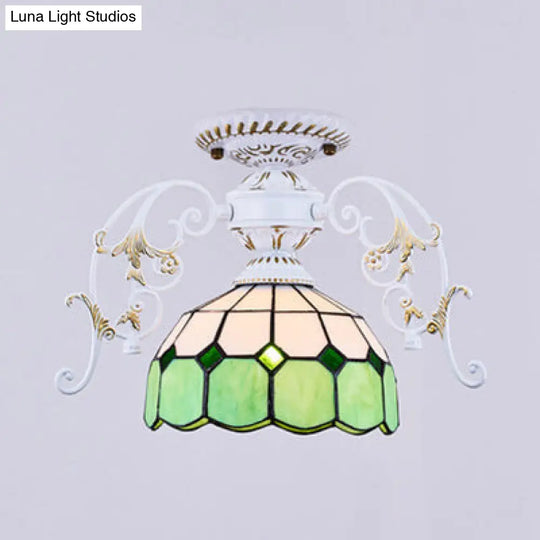 White Semi Flush Tiffany Style Ceiling Light With Stained Glass Dome Shade- 1