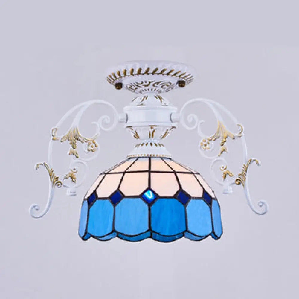 White Semi Flush Tiffany Style Ceiling Light With Stained Glass Dome Shade- 1