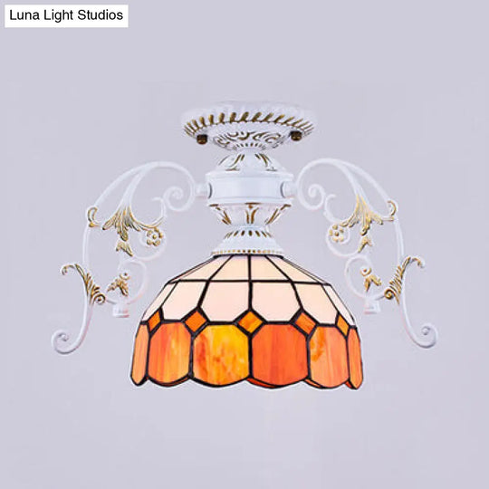 White Semi Flush Tiffany Style Ceiling Light With Stained Glass Dome Shade- 1