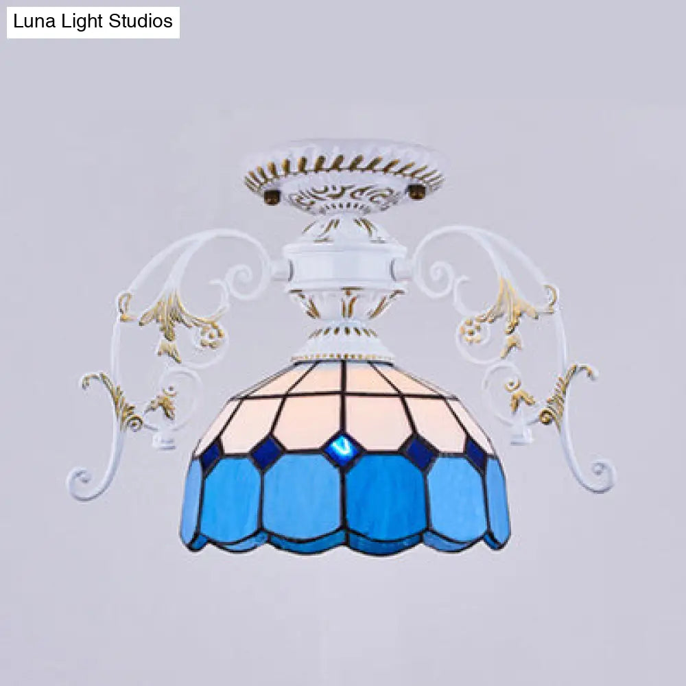 White Semi Flush Tiffany Style Ceiling Light With Stained Glass Dome Shade- 1