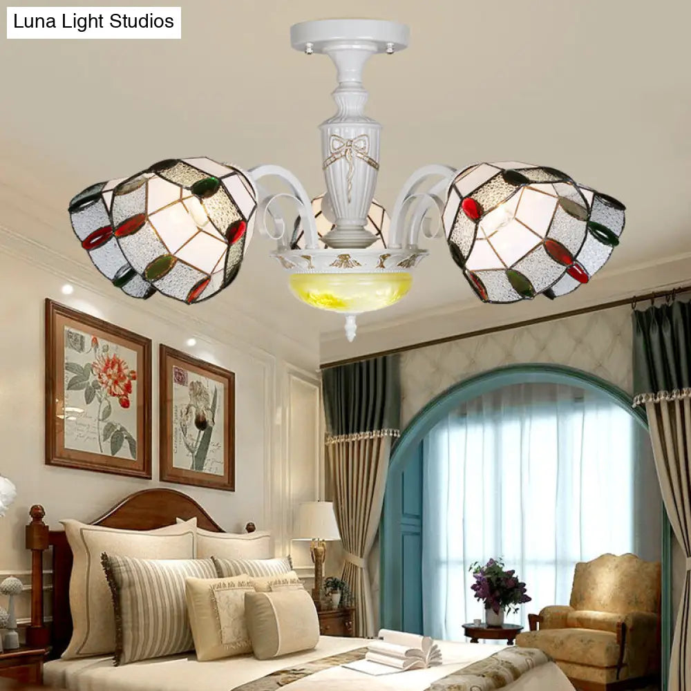 White Semi Globe Ceiling Chandelier With Colorful Bead Accent - 5-Light Traditional Pendant Light