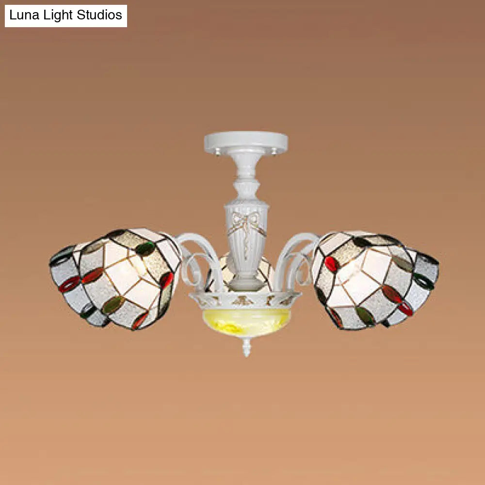 White Semi Globe Ceiling Chandelier With Colorful Bead Accent - 5-Light Traditional Pendant Light