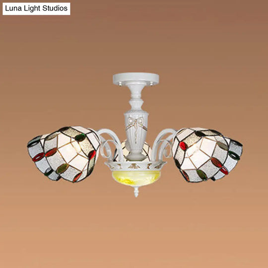 White Semi Globe Ceiling Chandelier With Colorful Bead Accent - 5-Light Traditional Pendant Light