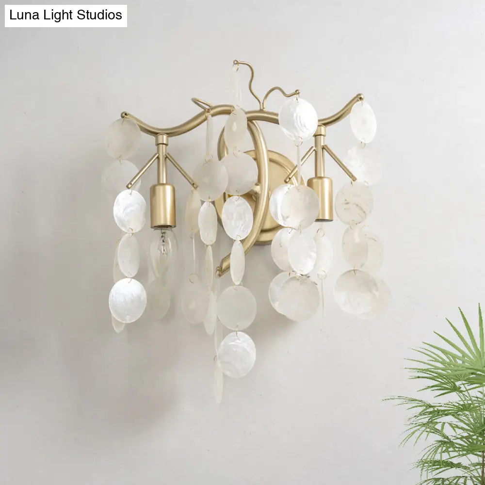 White Shell Wall Sconce Lighting With 2 Traditional Cascade Lamp Heads For Living Room Decor