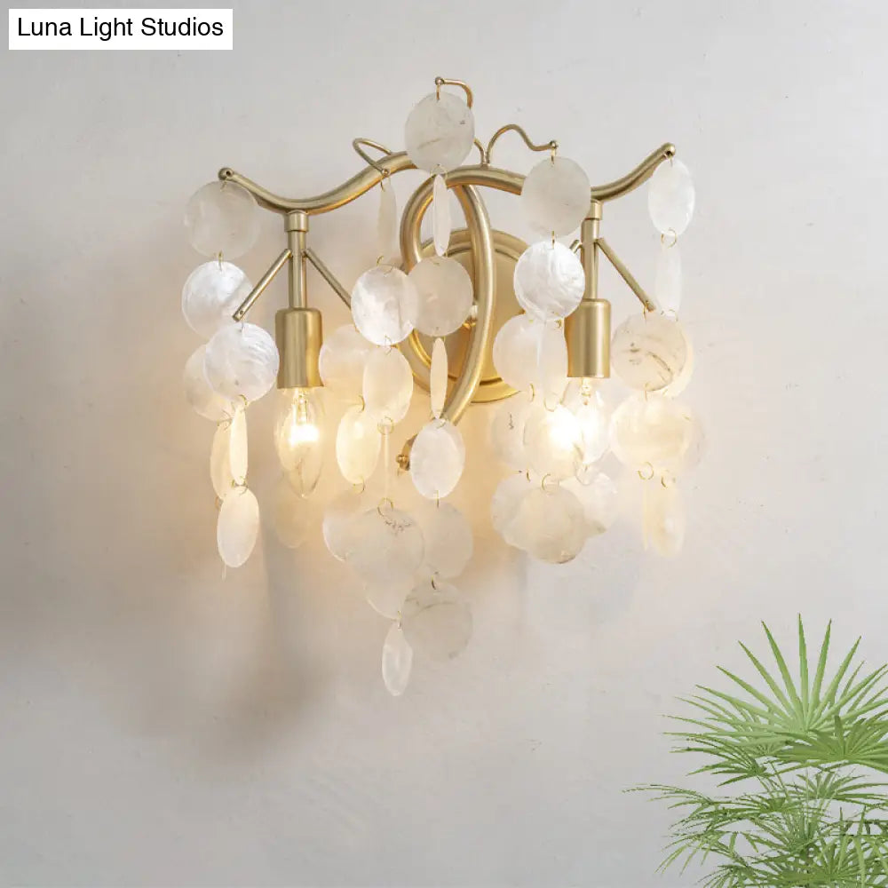 White Shell Wall Sconce Lighting With 2 Traditional Cascade Lamp Heads For Living Room Decor