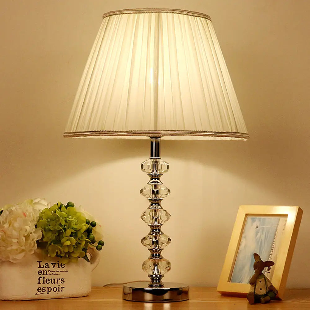 White Single Light Traditional Nightstand Lamp With Crystal Accent And Fabric Empire Shade