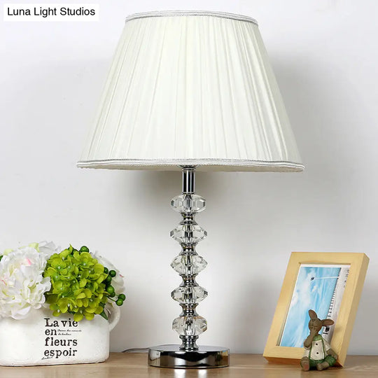 White Single Light Traditional Nightstand Lamp With Crystal Accent And Fabric Empire Shade