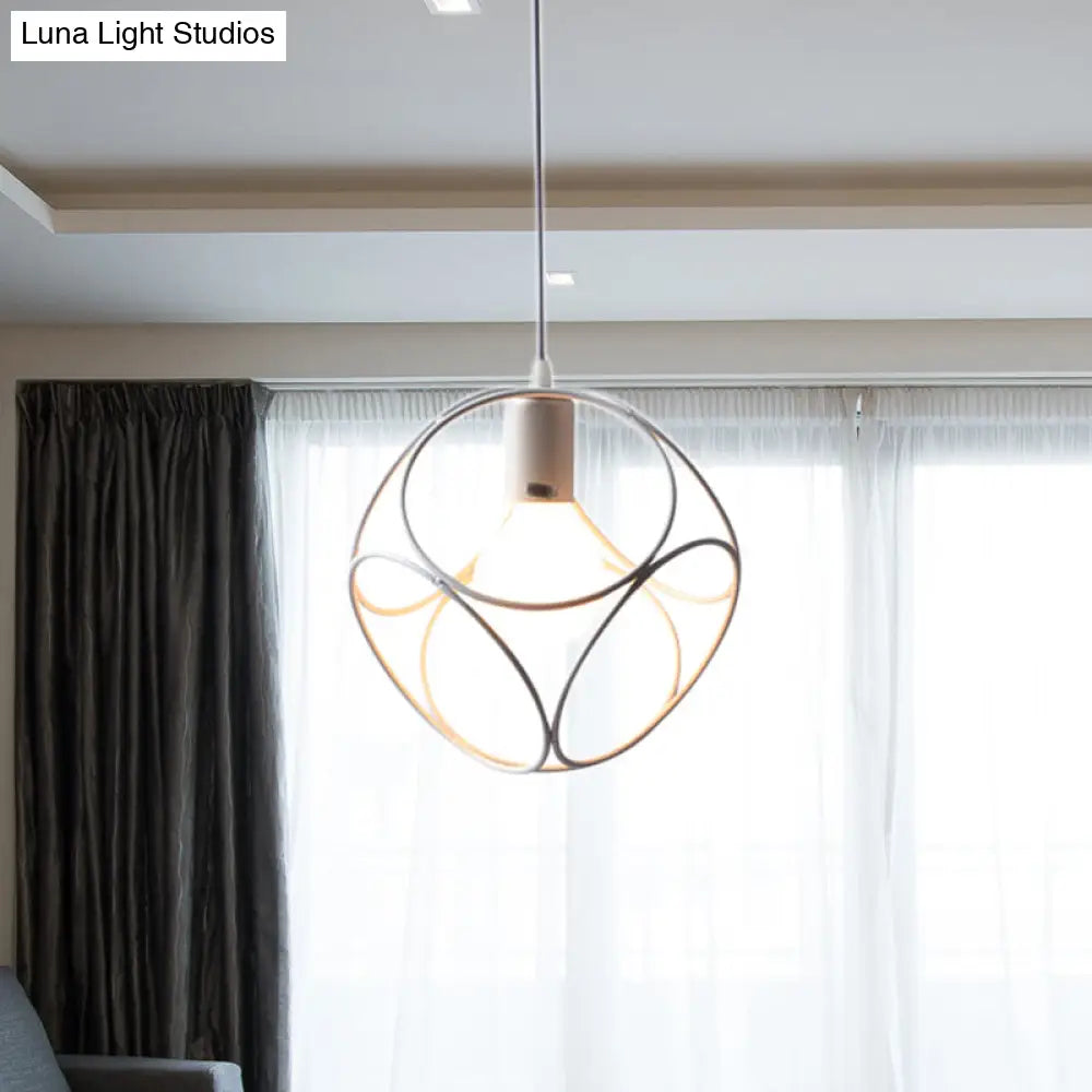 Modern White Metal Cage Pendant Light With Hanging Cord - Loft Style 1 Bulb Ideal For Living Room