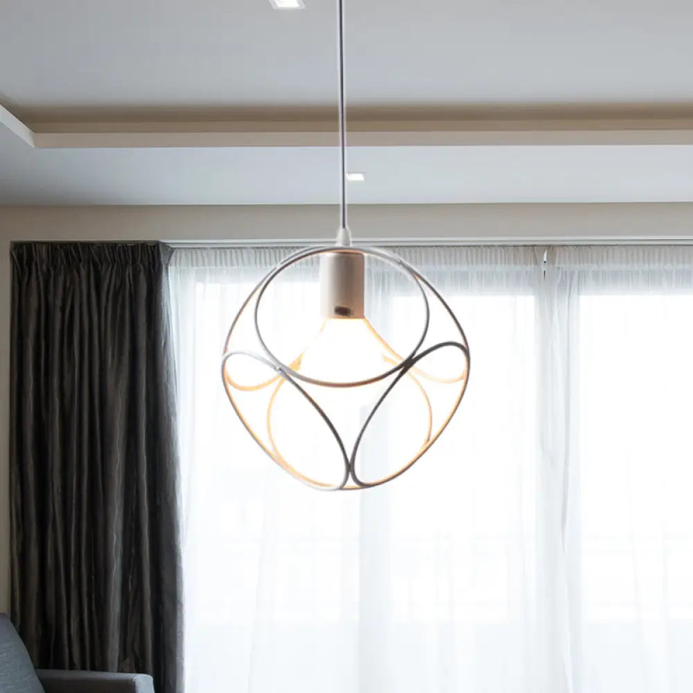 White Square Cage Pendant Light - Loft Style Metal | 1-Bulb Suspension Lamp With Hanging Cord