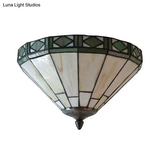 White Stained Glass Ceiling Light 2-Light Medium Flush Mount With Tiffany Style Cone Shade