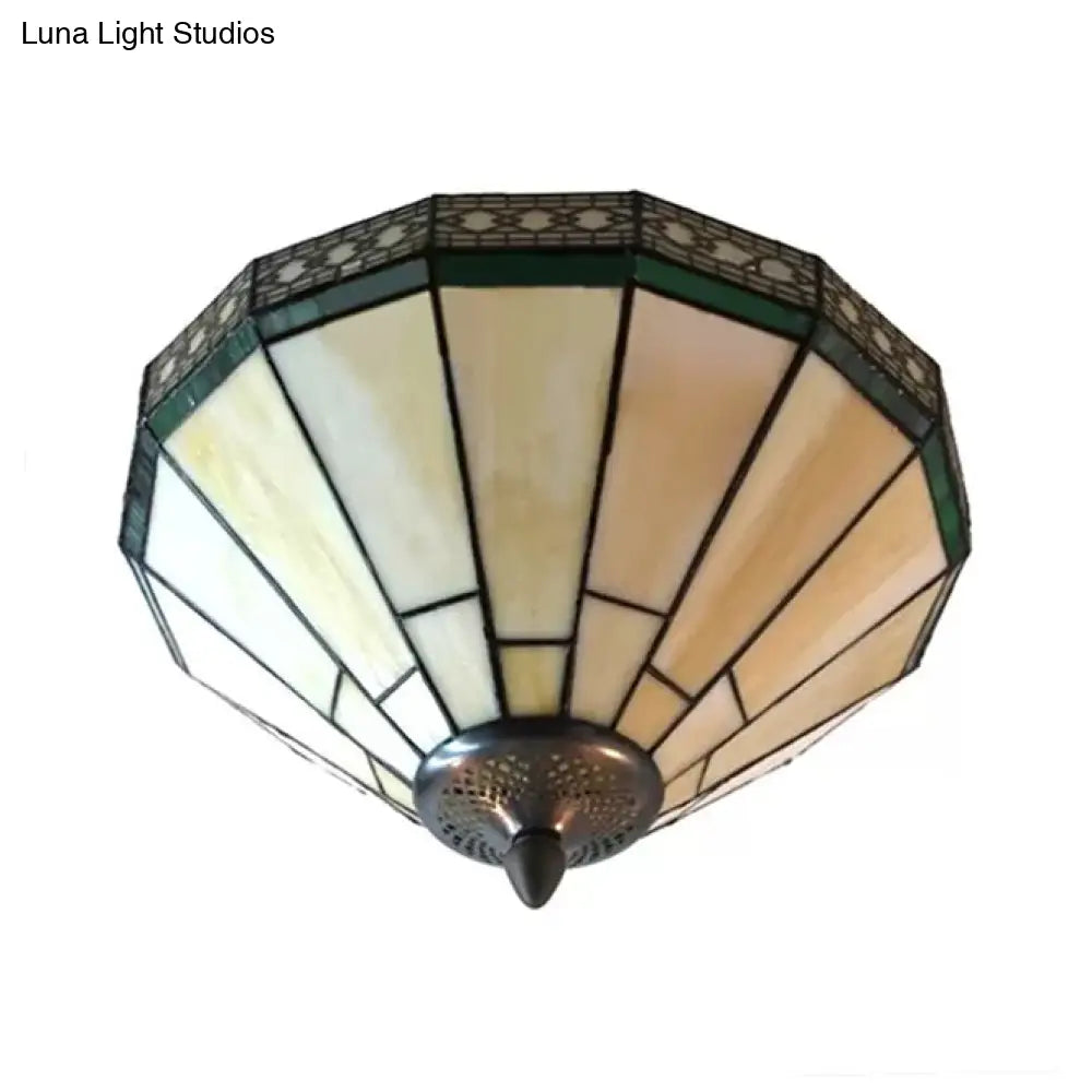 White Stained Glass Ceiling Light 2-Light Medium Flush Mount With Tiffany Style Cone Shade